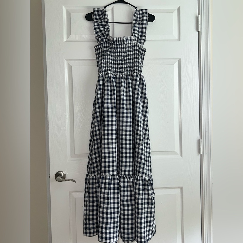 Chouyatou Navy & White Gingham Cottagecore Smocked Shirred Maxi Dress Medium - Picture 5 of 10